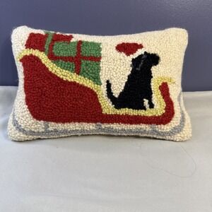 Peking Handicraft Christmas Sleigh Black Lab Hooked Wool Pillow Dog Holiday 8x12
